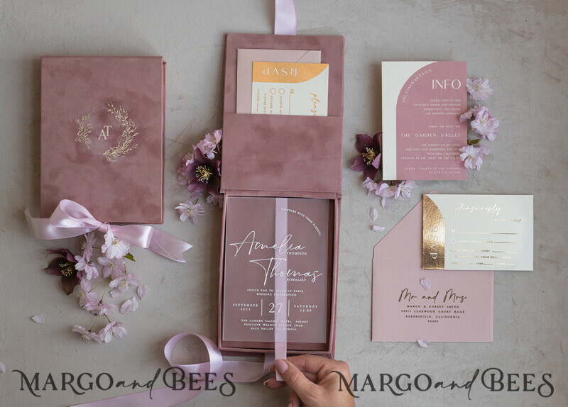 Acrylic Wedding Invitations in velvet box, Frozen Plexi Glamour Wedding Invitation Suite Luxury Box-6
