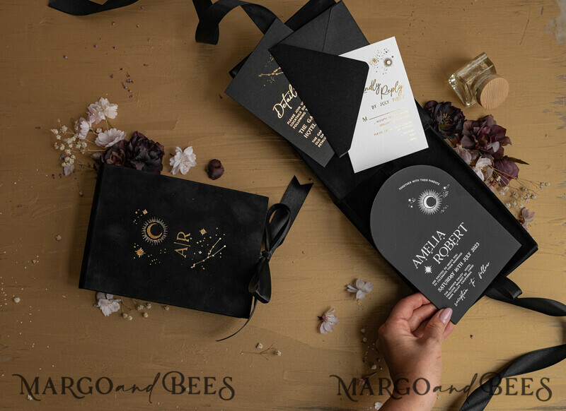 Arch Acrylic Wedding Invitations in velvet box, Black Plexi Glamour Wedding Invitation Suite Luxury Box, Moon Stars Elegant Velvet Wedding Cards-12