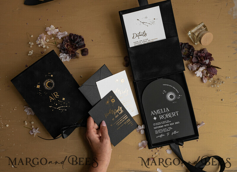 Arch Acrylic Wedding Invitations in velvet box, Black Plexi Glamour Wedding Invitation Suite Luxury Box, Moon Stars Elegant Velvet Wedding Cards-4