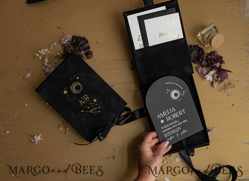 Arch Acrylic Wedding Invitations in velvet box, Black Plexi Glamour Wedding Invitation Suite Luxury Box, Moon Stars Elegant Velvet Wedding Cards-3