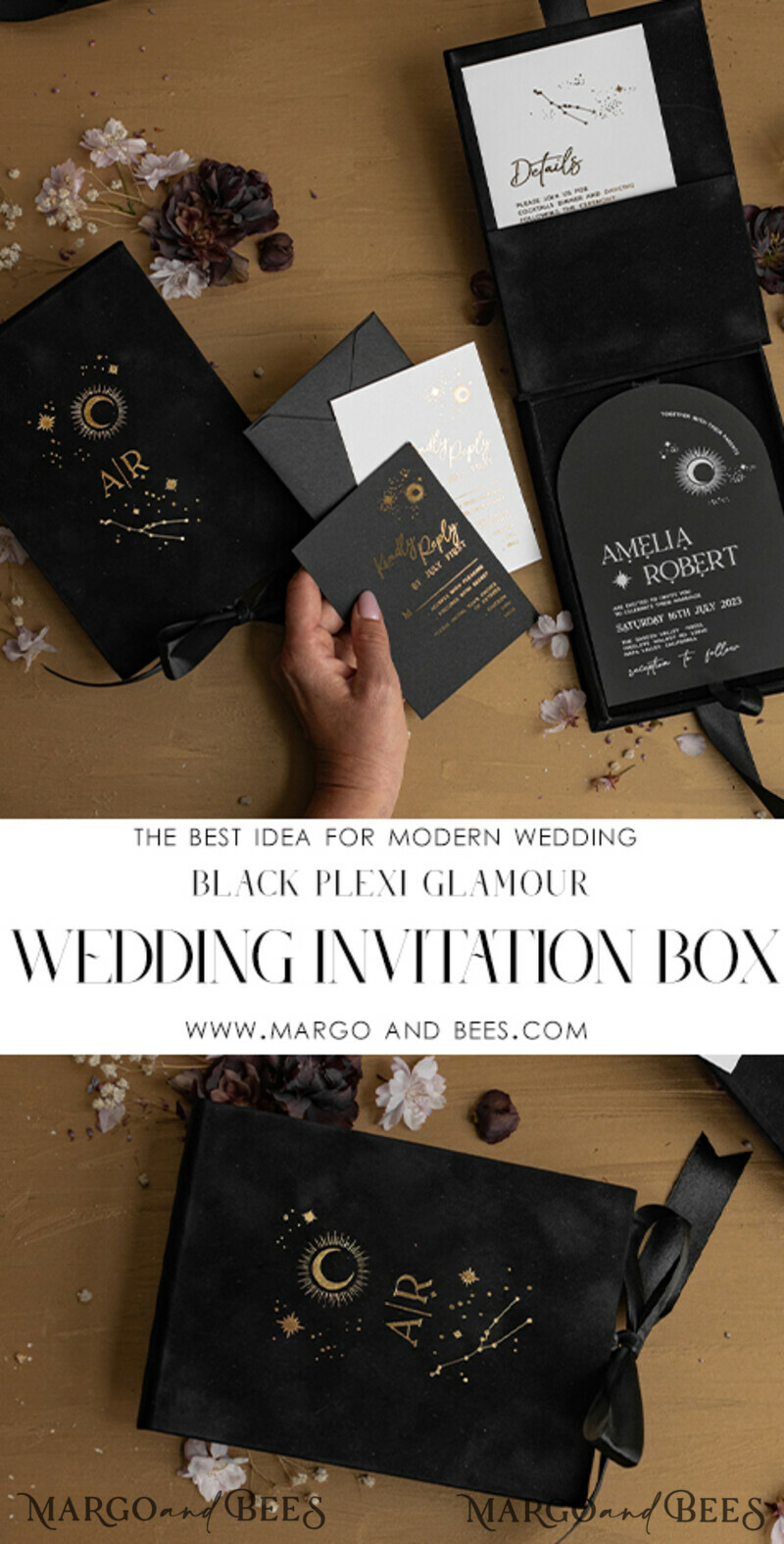 Arch Acrylic Wedding Invitations in velvet box, Black Plexi Glamour Wedding Invitation Suite Luxury Box, Moon Stars Elegant Velvet Wedding Cards-2