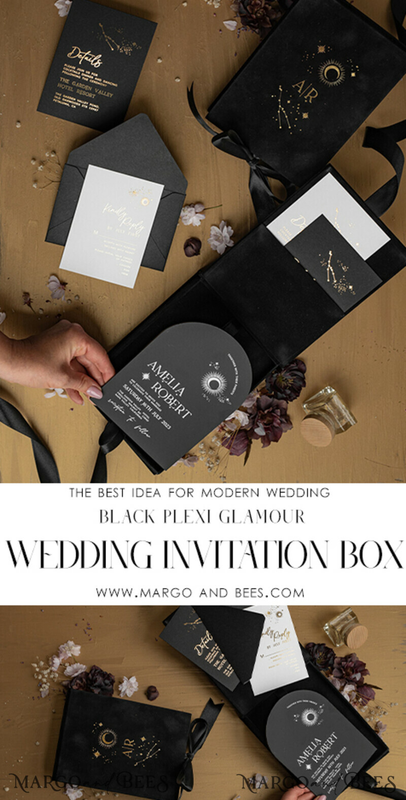 Arch Acrylic Wedding Invitations in velvet box, Black Plexi Glamour Wedding Invitation Suite Luxury Box, Moon Stars Elegant Velvet Wedding Cards-9