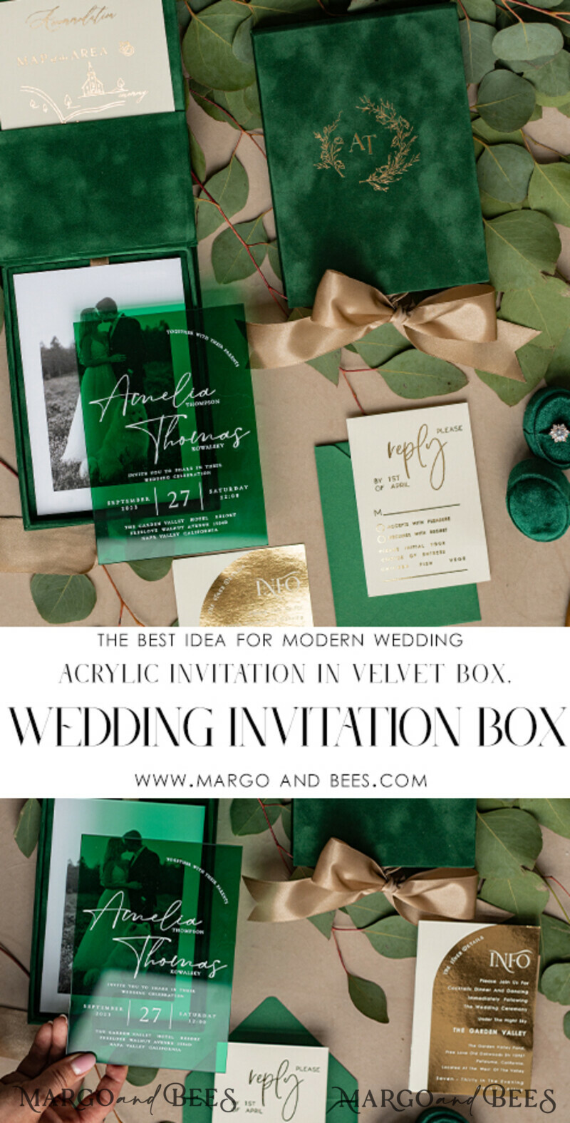 Emerald green Velvet Boxed Wedding Invitation Box, Clear Green Plexi glass wedding invitations, Elegant green Velvet Wedding Cards-3