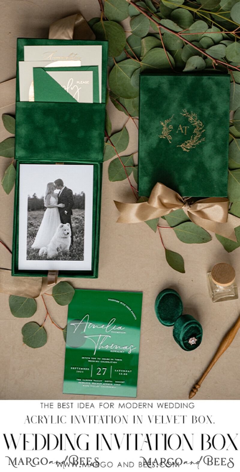 Emerald green Velvet Boxed Wedding Invitation Box, Clear Green Plexi glass wedding invitations, Elegant green Velvet Wedding Cards-8