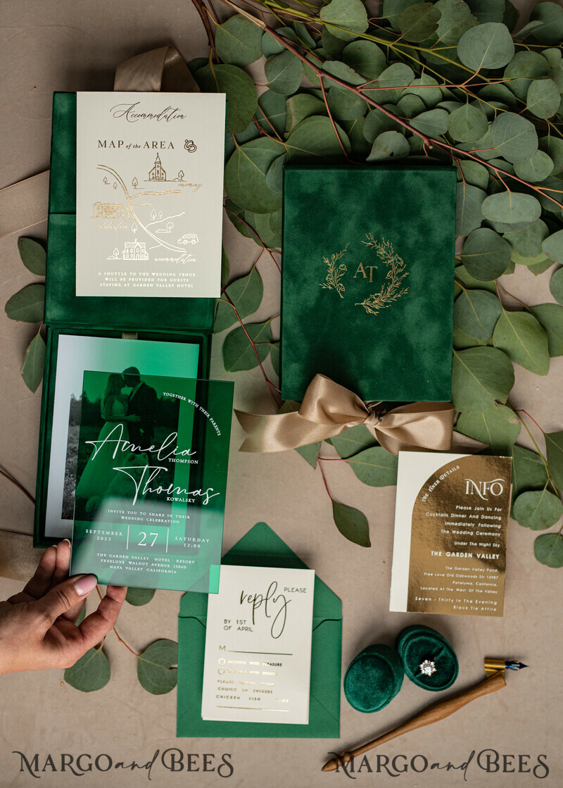 Emerald green Velvet Boxed Wedding Invitation Box, Clear Green Plexi glass wedding invitations, Elegant green Velvet Wedding Cards-0