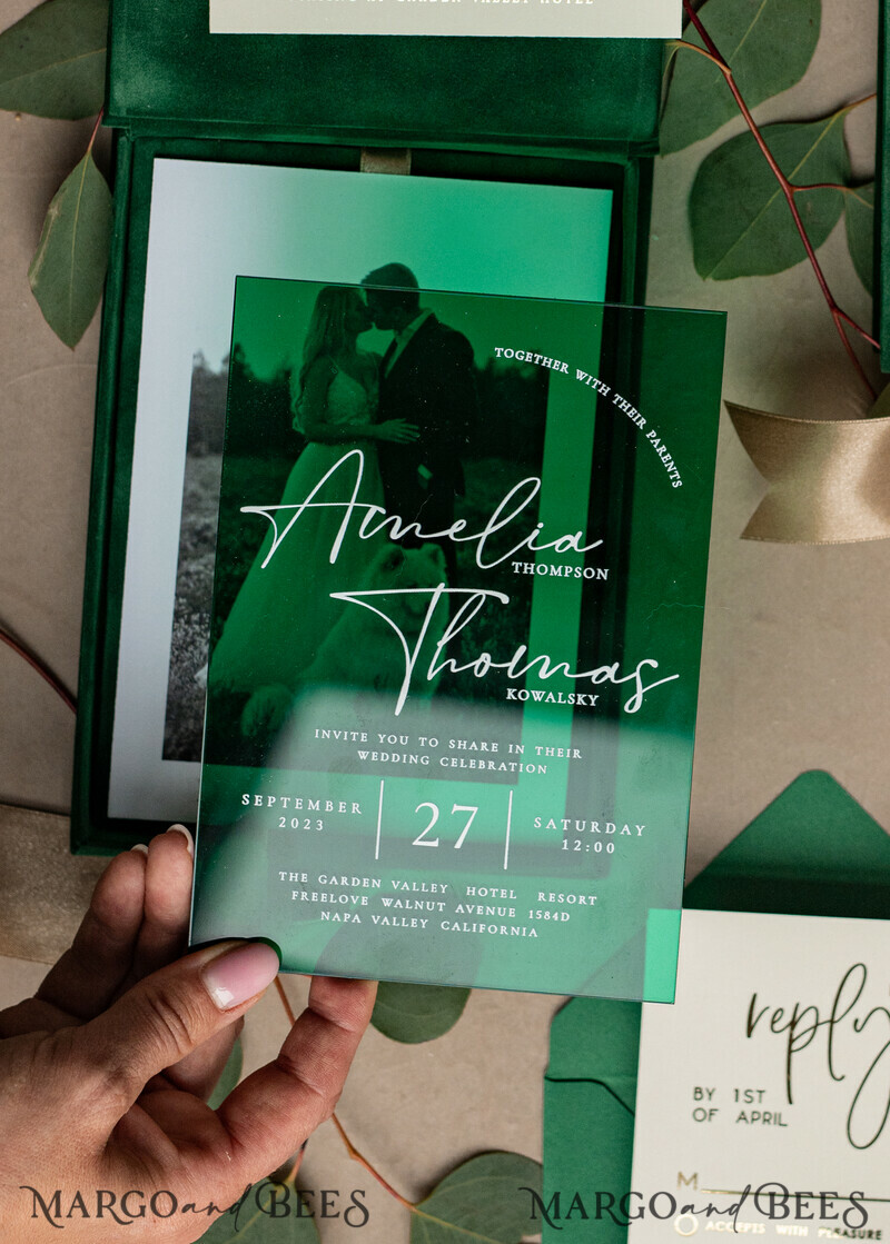 Emerald green Velvet Boxed Wedding Invitation Box, Clear Green Plexi glass wedding invitations, Elegant green Velvet Wedding Cards-9