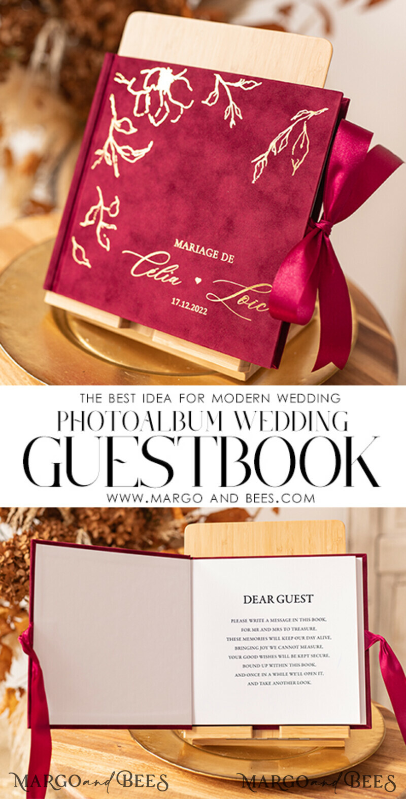 Boho Burgundy Instax velvet Wedding GuestBook Gold, Large Instant Wedding Guest Book, Maroon Polaroid velvet Guestbook Marsala Golden wedding-3