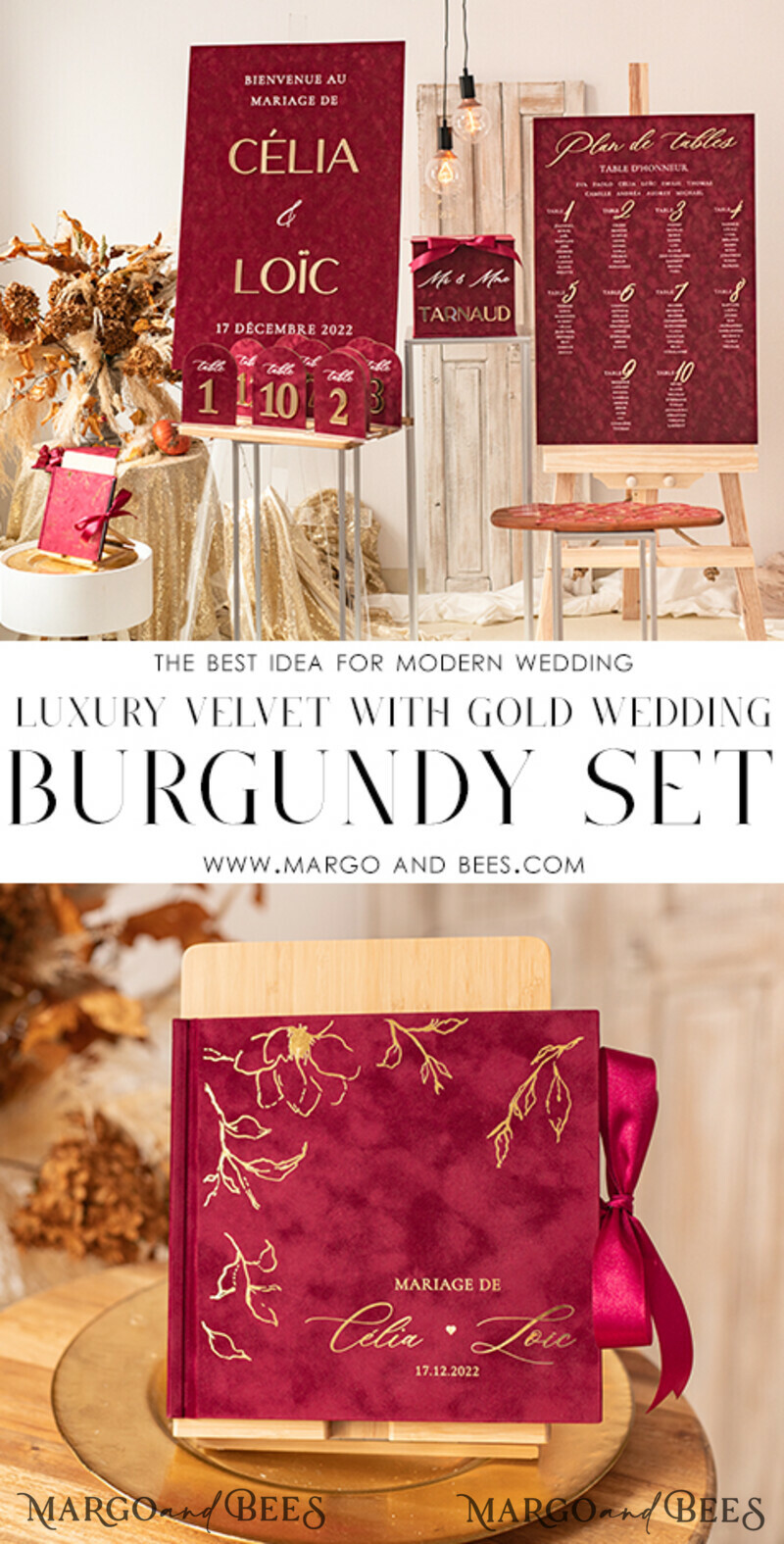 Boho Burgundy Instax velvet Wedding GuestBook Gold, Large Instant Wedding Guest Book, Maroon Polaroid velvet Guestbook Marsala Golden wedding-6