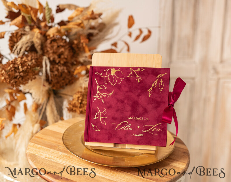 Boho Burgundy Instax velvet Wedding GuestBook Gold, Large Instant Wedding Guest Book, Maroon Polaroid velvet Guestbook Marsala Golden wedding-2
