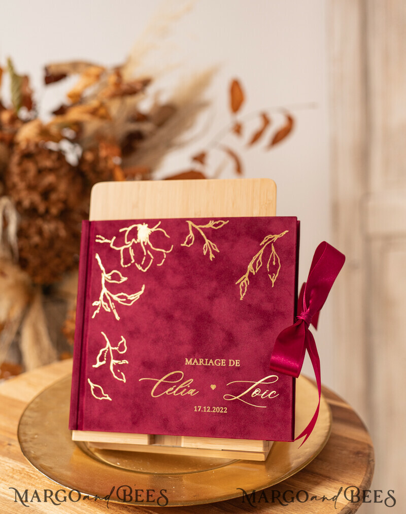 Boho Burgundy Instax velvet Wedding GuestBook Gold, Large Instant Wedding Guest Book, Maroon Polaroid velvet Guestbook Marsala Golden wedding-0
