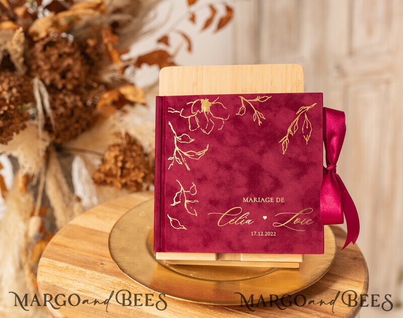 Boho Burgundy Instax velvet Wedding GuestBook Gold, Large Instant Wedding Guest Book, Maroon Polaroid velvet Guestbook Marsala Golden wedding-4
