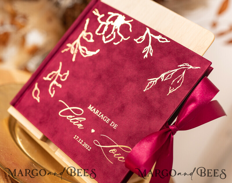 Boho Burgundy Instax velvet Wedding GuestBook Gold, Large Instant Wedding Guest Book, Maroon Polaroid velvet Guestbook Marsala Golden wedding-5
