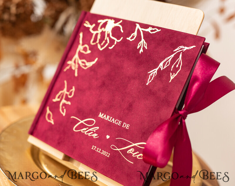 Boho Burgundy Instax velvet Wedding GuestBook Gold, Large Instant Wedding Guest Book, Maroon Polaroid velvet Guestbook Marsala Golden wedding-7