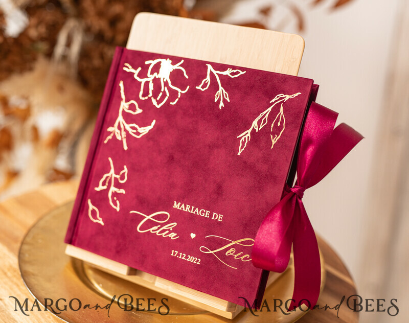 Boho Burgundy Instax velvet Wedding GuestBook Gold, Large Instant Wedding Guest Book, Maroon Polaroid velvet Guestbook Marsala Golden wedding-8