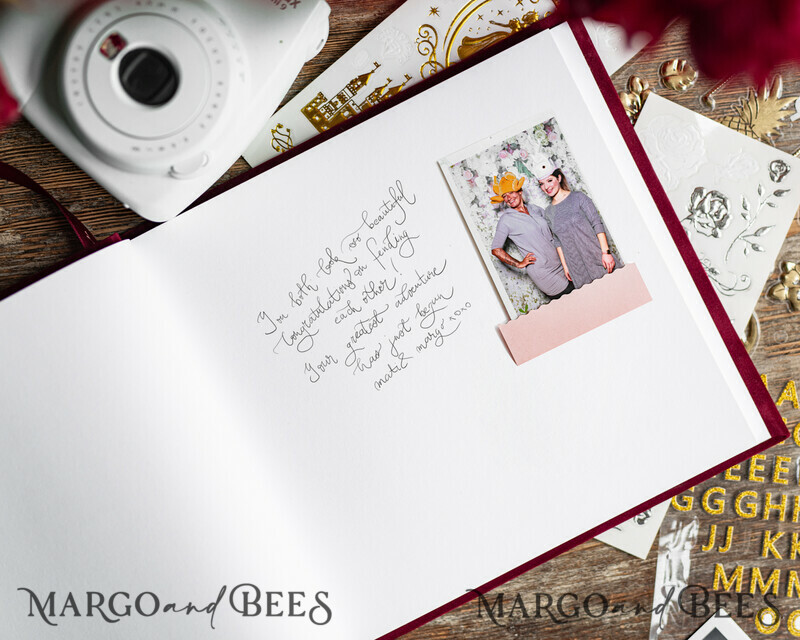 Boho Burgundy Instax velvet Wedding GuestBook Gold, Large Instant Wedding Guest Book, Maroon Polaroid velvet Guestbook Marsala Golden wedding-11