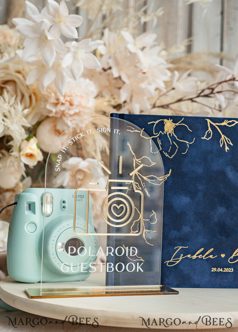 Navy blue Instax velvet Wedding GuestBook and plexi sign set, Dark Blue Large Instant Wedding Guest Book-3