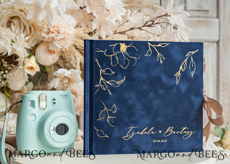 Navy blue Instax velvet Wedding GuestBook and plexi sign set, Dark Blue Large Instant Wedding Guest Book-9