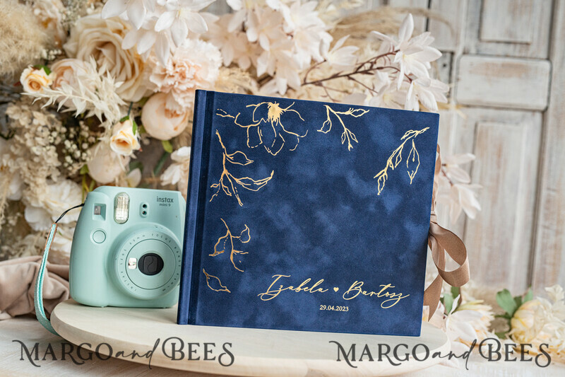 Navy blue Instax velvet Wedding GuestBook and plexi sign set, Dark Blue Large Instant Wedding Guest Book-10