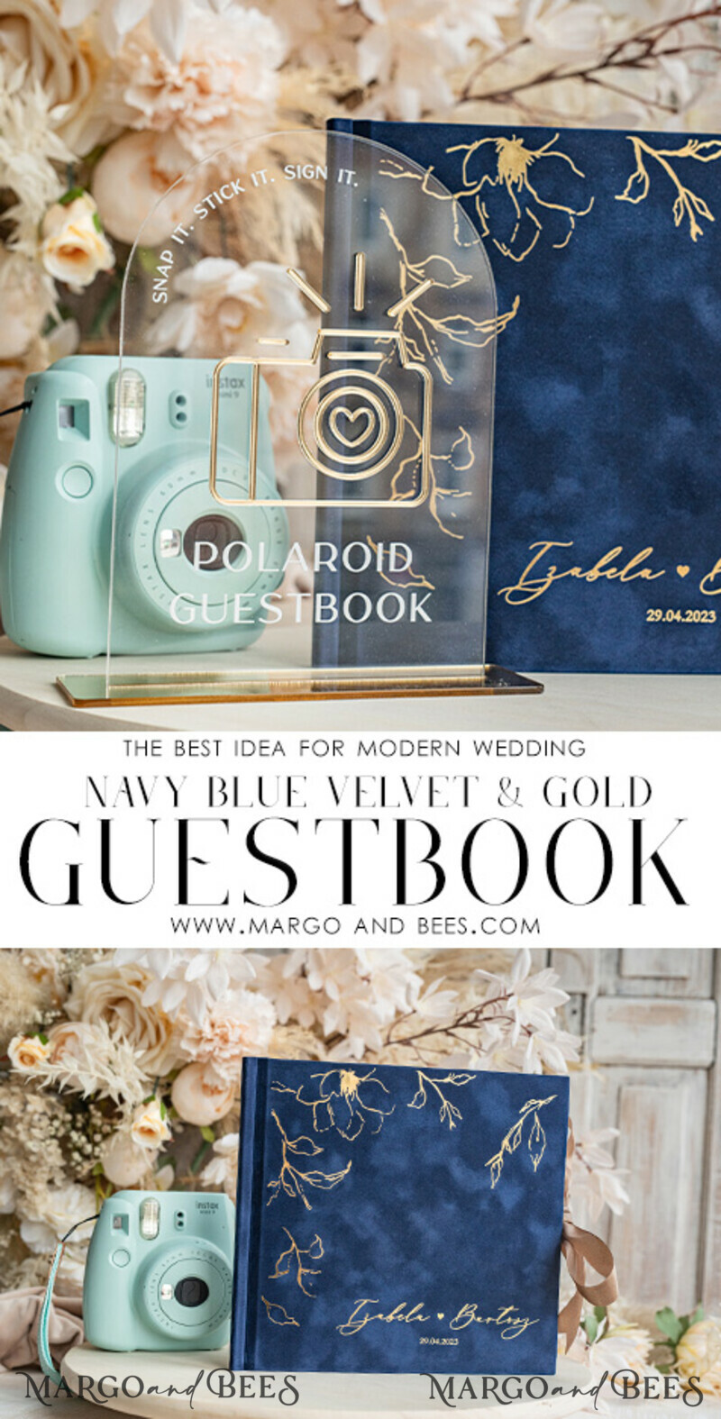 Navy blue Instax velvet Wedding GuestBook and plexi sign set, Dark Blue Large Instant Wedding Guest Book-6