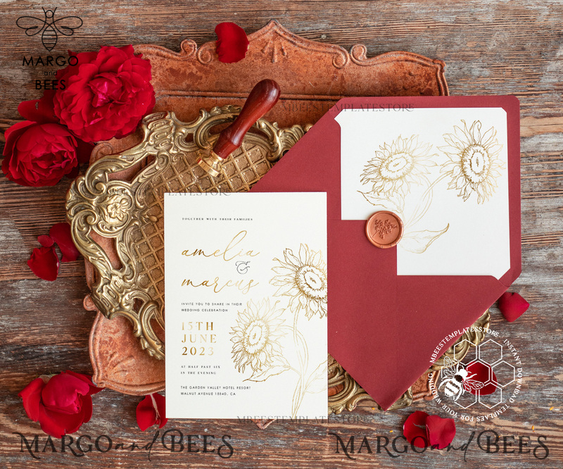 Fine art gold sunflowers wedding invitation template, Instant download Boho Wedding Invites, Invitation Printable Template Elegant Invites-1