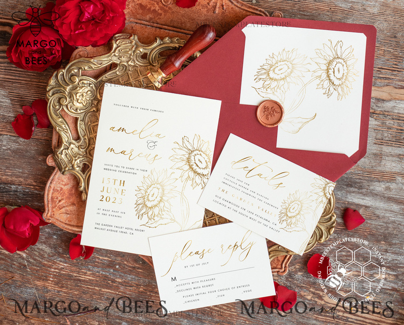 Fine art gold sunflowers wedding invitation template, Instant download Boho Wedding Invites, Invitation Printable Template Elegant Invites-0