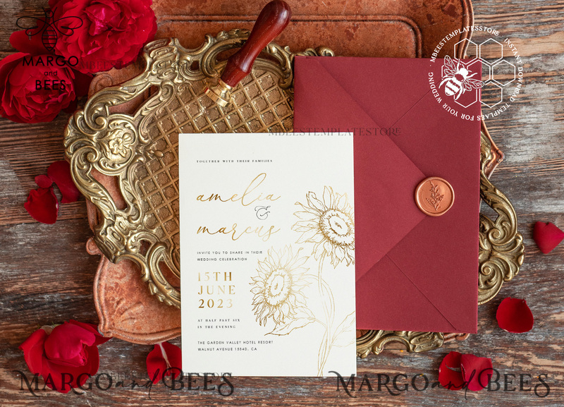 Fine art gold sunflowers wedding invitation template, Instant download Boho Wedding Invites, Invitation Printable Template Elegant Invites-2