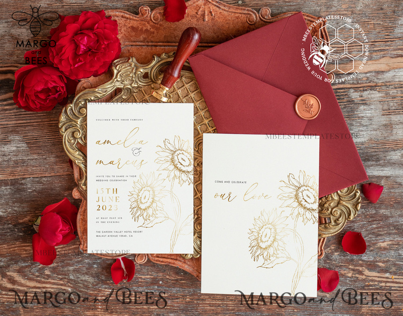 Fine art gold sunflowers wedding invitation template, Instant download Boho Wedding Invites, Invitation Printable Template Elegant Invites-3