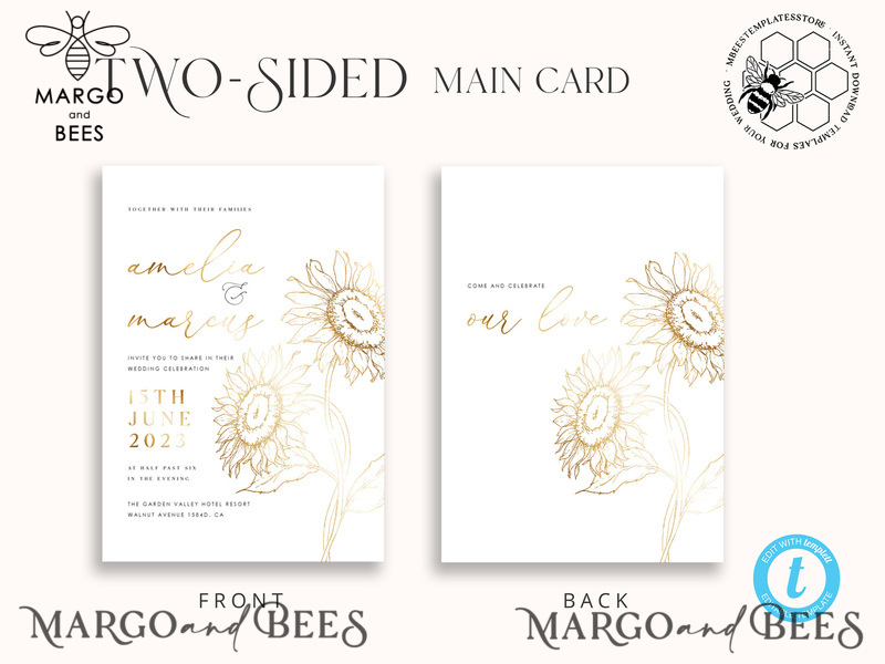 Fine art gold sunflowers wedding invitation template, Instant download Boho Wedding Invites, Invitation Printable Template Elegant Invites-4