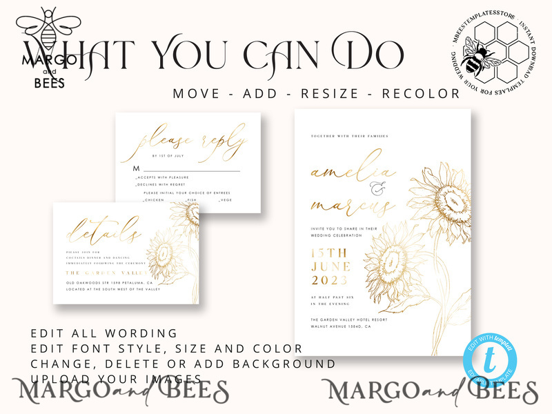 Fine art gold sunflowers wedding invitation template, Instant download Boho Wedding Invites, Invitation Printable Template Elegant Invites-6