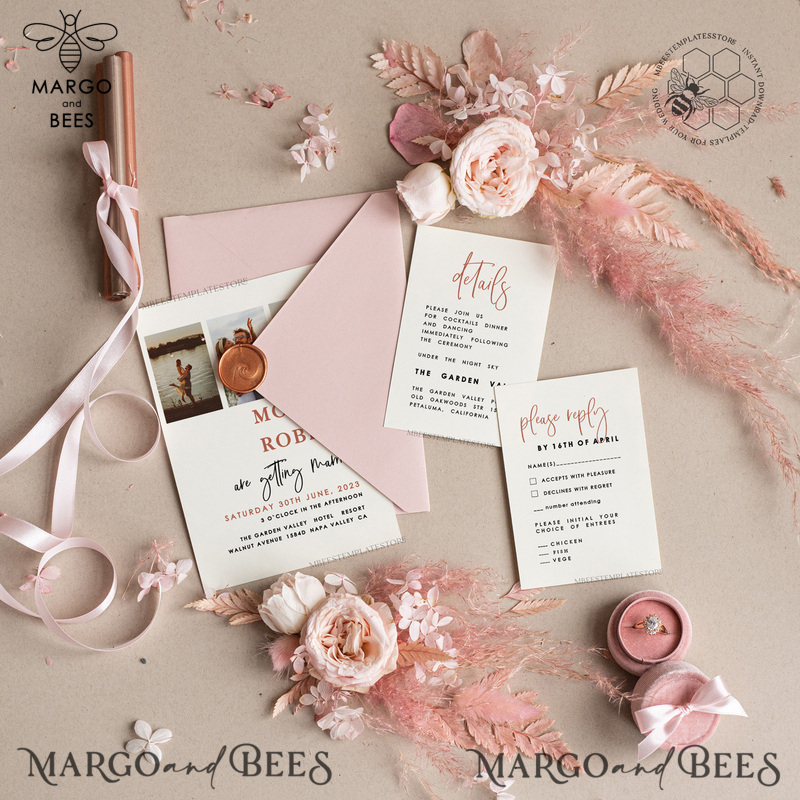 Elegant Blush wedding Invitation Suite with Photo Template Instant Download Printable Invites Home Printing Pink Modern Wedding Cards Set-0