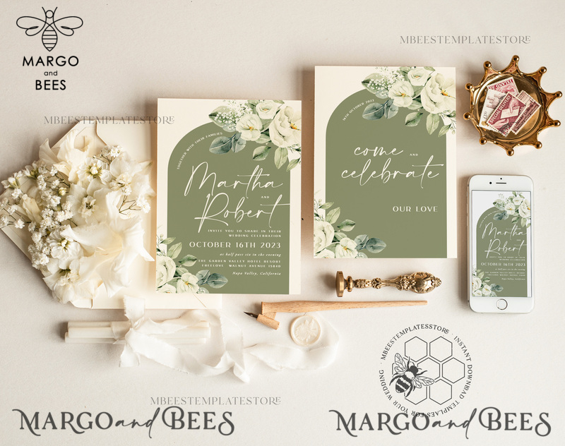 Boho Arch wedding Invitations Evite Set Template, Instant Download Printable Invites Home Printing, Sage Green Garden Invitation Set WBoho13-1