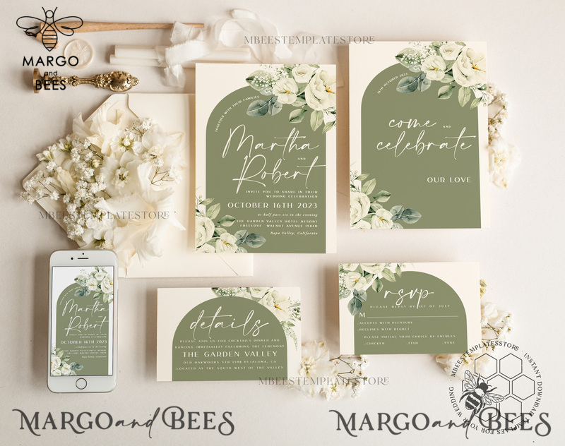 Boho Arch wedding Invitations Evite Set Template, Instant Download Printable Invites Home Printing, Sage Green Garden Invitation Set WBoho13-0