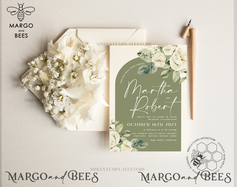 Boho Arch wedding Invitations Evite Set Template, Instant Download Printable Invites Home Printing, Sage Green Garden Invitation Set WBoho13-2