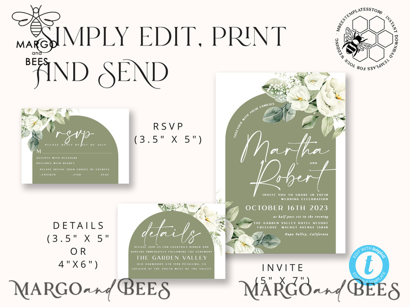 Boho Arch wedding Invitations Evite Set Template, Instant Download Printable Invites Home Printing, Sage Green Garden Invitation Set WBoho13-4