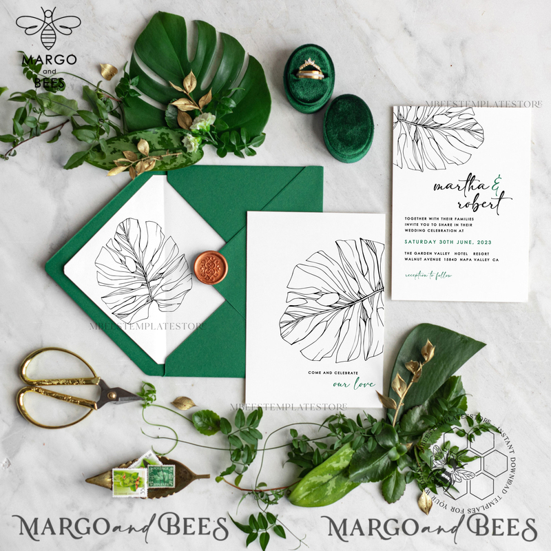 Monstera Green wedding invitation template, Instant download Greenery Wedding Invites, Modern Tropical Wedding Invitation Printable-1