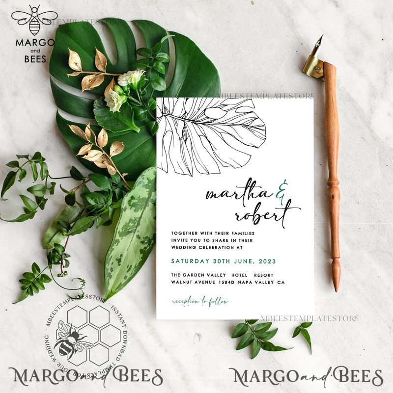 Monstera Green wedding invitation template, Instant download Greenery Wedding Invites, Modern Tropical Wedding Invitation Printable-2