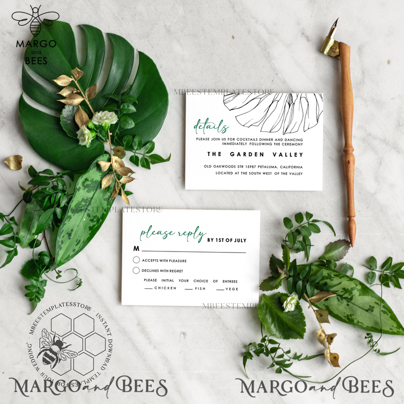 Monstera Green wedding invitation template, Instant download Greenery Wedding Invites, Modern Tropical Wedding Invitation Printable-3