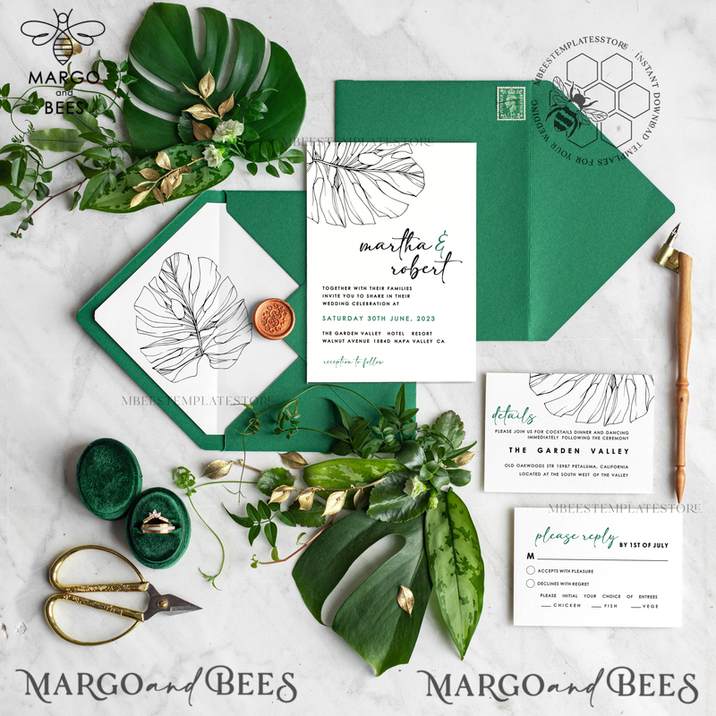 Monstera Green wedding invitation template, Instant download Greenery Wedding Invites, Modern Tropical Wedding Invitation Printable-0