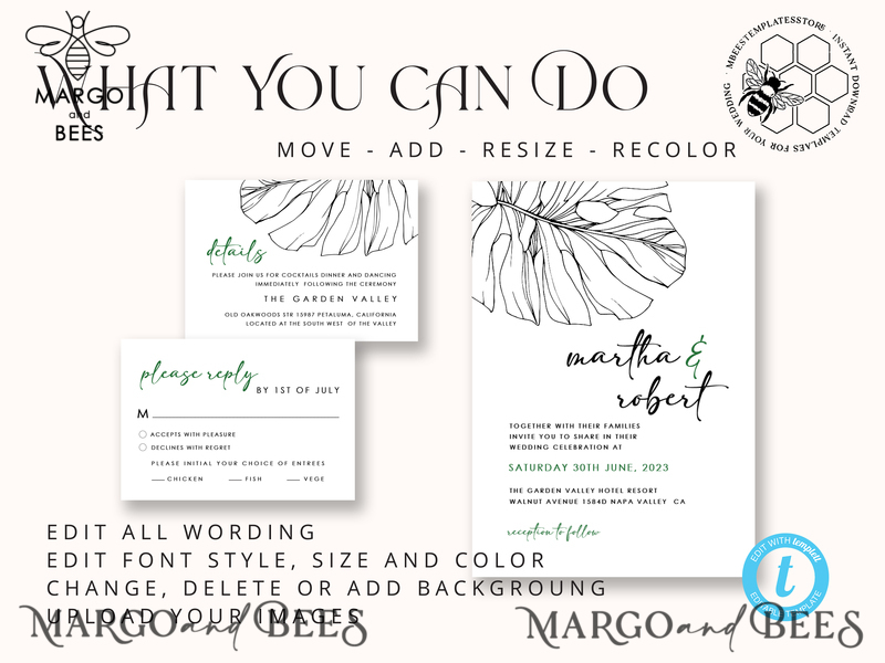 Monstera Green wedding invitation template, Instant download Greenery Wedding Invites, Modern Tropical Wedding Invitation Printable-5