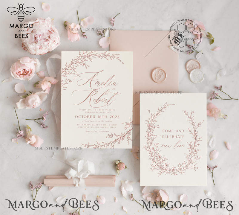 Boho Blush Pink wedding Invitations Set Template, Instant Download Printable Invites Home Printing, Simple  Wedding Invitation Card, WBoho16-1