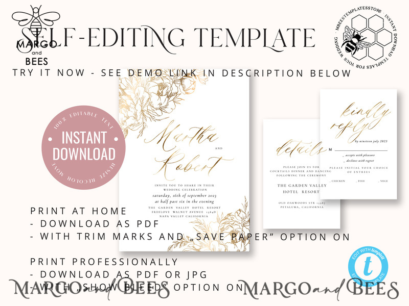 Fine art gold  wedding invitation template, Instant download Boho Wedding Invites,  Invitation Printable Template Elegant Invites-6