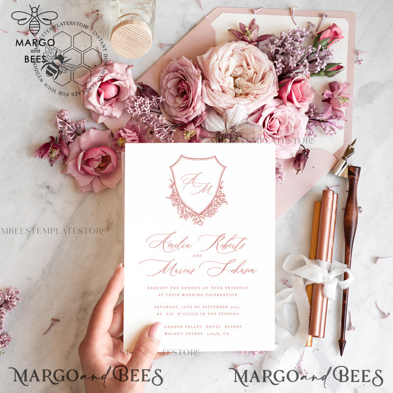 Rustic wedding Invitations Set Template, Instant Download Printable Invites Home Printing,Simple Elegant Wedding Invitation Card Set WRoses8-1
