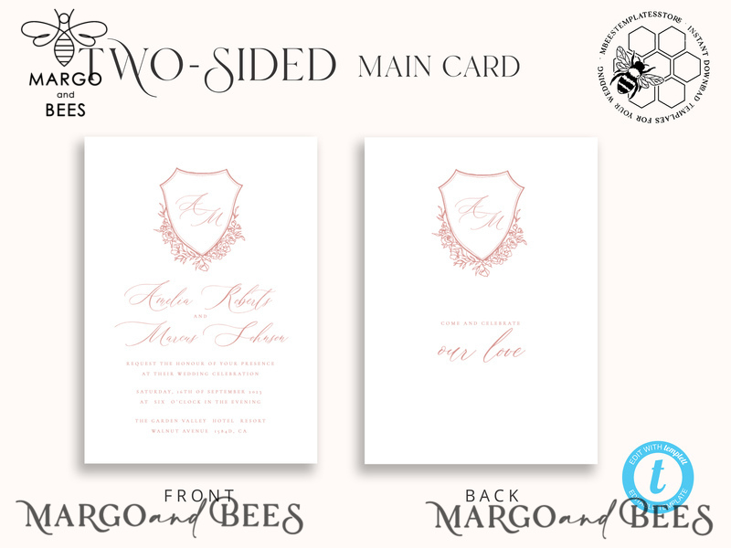 Rustic wedding Invitations Set Template, Instant Download Printable Invites Home Printing,Simple Elegant Wedding Invitation Card Set WRoses8-4