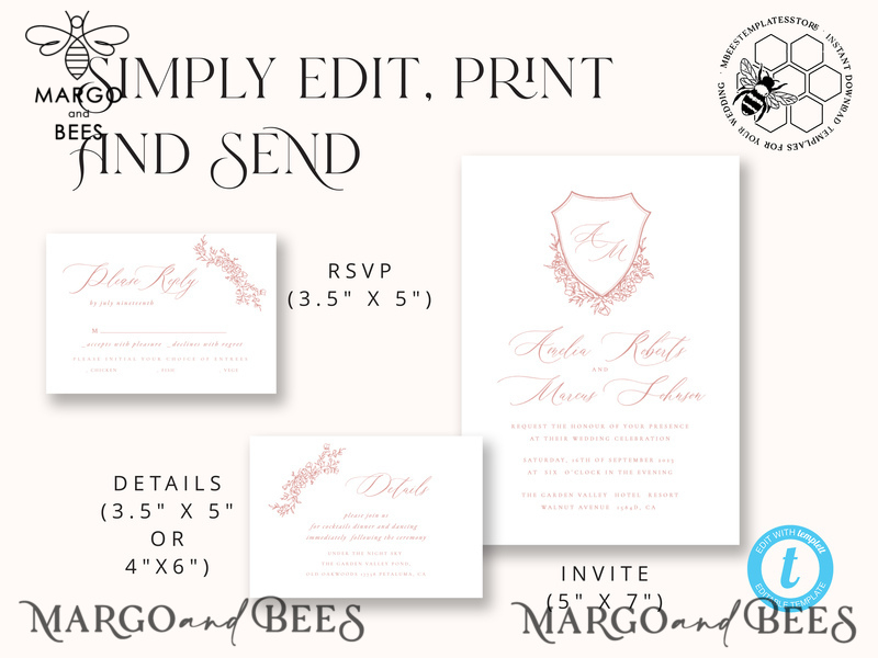 Rustic wedding Invitations Set Template, Instant Download Printable Invites Home Printing,Simple Elegant Wedding Invitation Card Set WRoses8-7