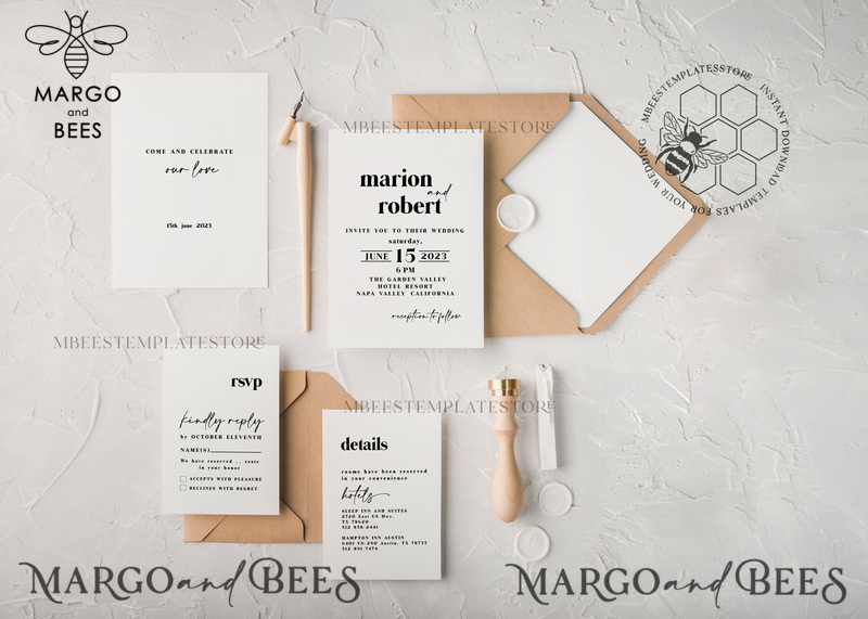 Minimalist wedding invitation template, Instant download Simple Wedding Invites, Rustic Wedding Invitation Printable Set,Rsvp Card Template, Details Card, Printable, Templett, Diy-0