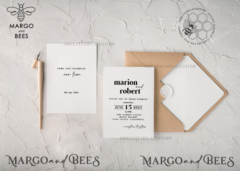 Minimalist wedding invitation template, Instant download Simple Wedding Invites, Rustic Wedding Invitation Printable Set,Rsvp Card Template, Details Card, Printable, Templett, Diy-1