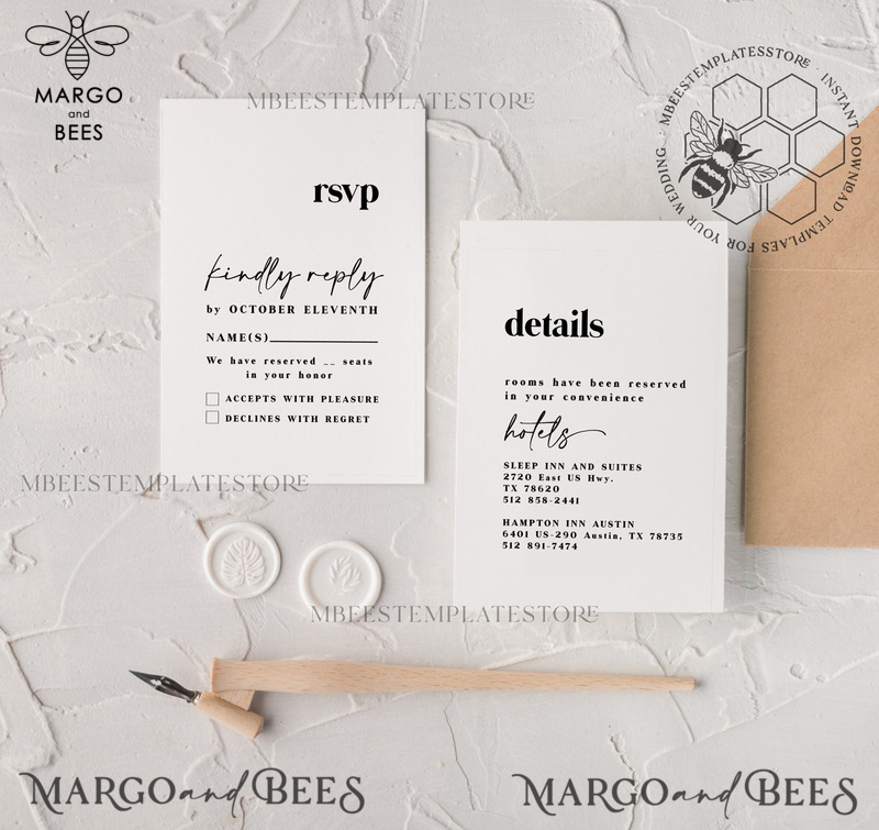 Minimalist wedding invitation template, Instant download Simple Wedding Invites, Rustic Wedding Invitation Printable Set,Rsvp Card Template, Details Card, Printable, Templett, Diy-3