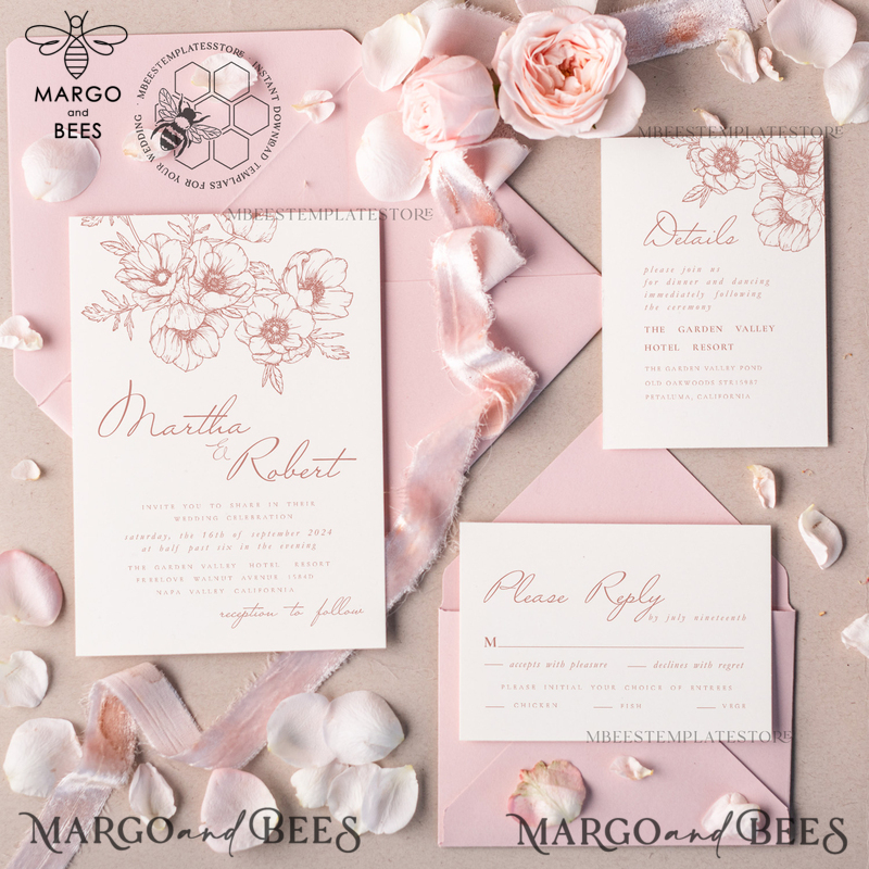 Minimalist Blush wedding invitation template Instant download Printable Invites For Home Printing, Pink wedding invitation Set template card-3