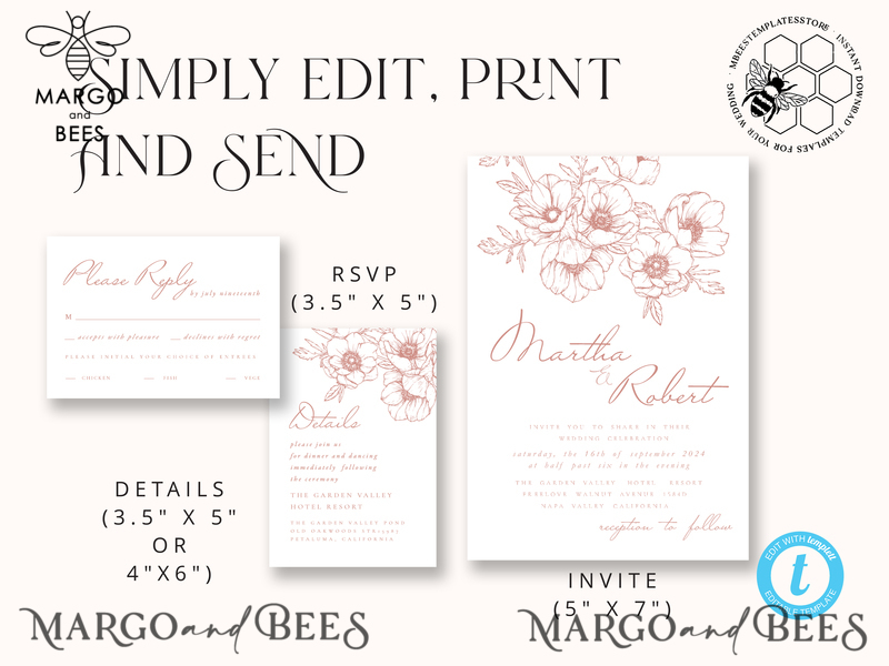 Minimalist Blush wedding invitation template Instant download Printable Invites For Home Printing, Pink wedding invitation Set template card-6