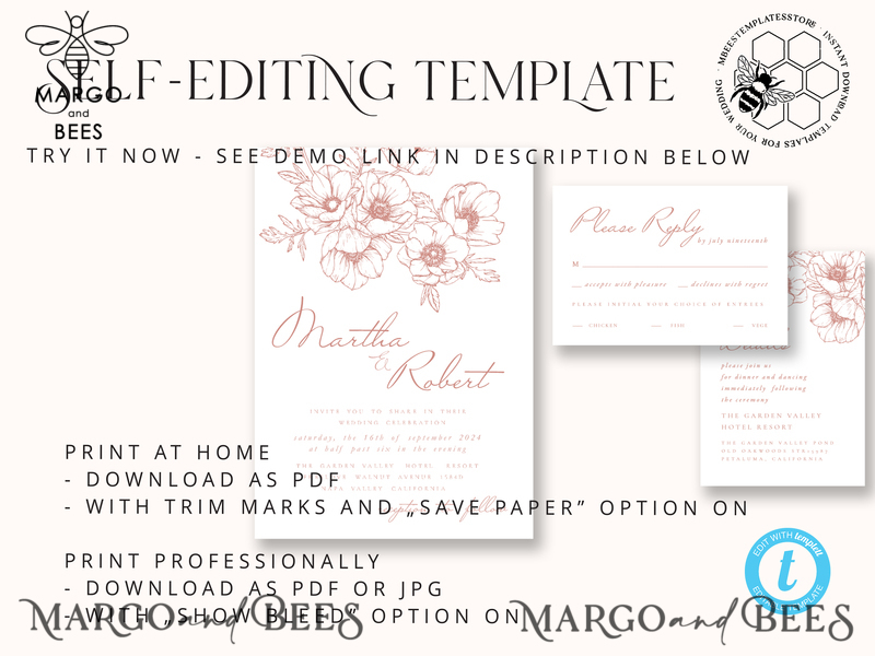 Minimalist Blush wedding invitation template Instant download Printable Invites For Home Printing, Pink wedding invitation Set template card-7
